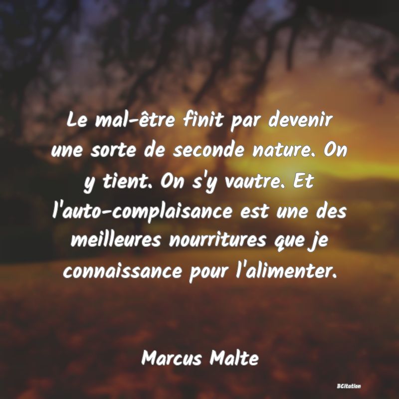 image de citation: Le mal-être finit par devenir une sorte de seconde nature. On y tient. On s'y vautre. Et l'auto-complaisance est une des meilleures nourritures que je connaissance pour l'alimenter.