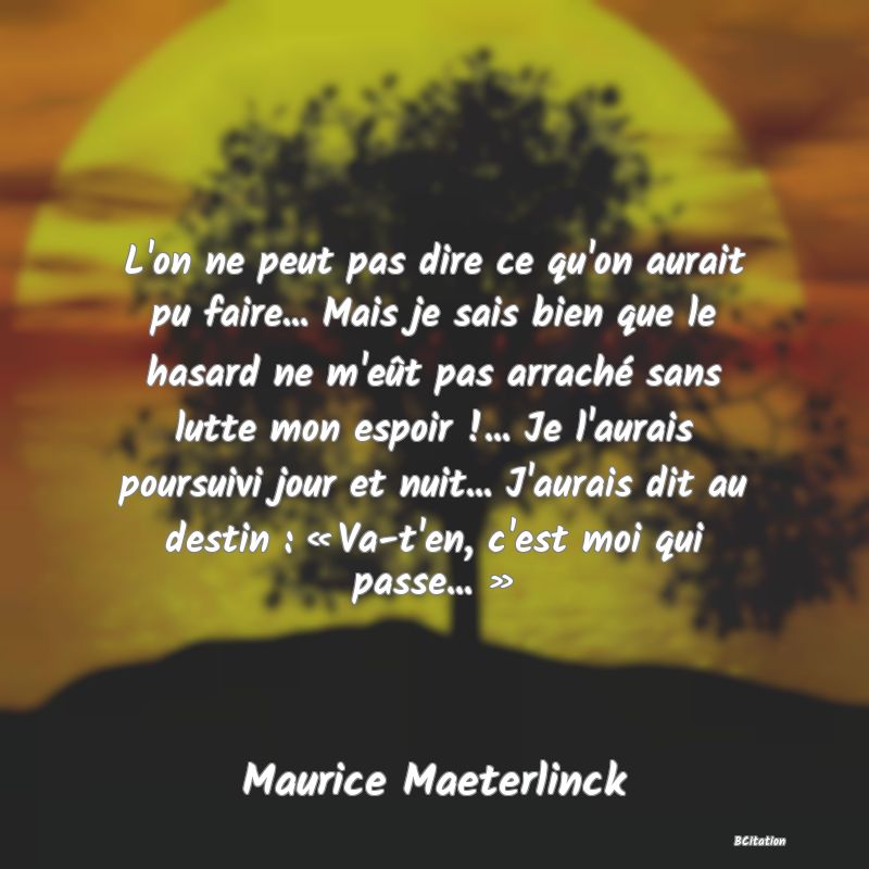 image de citation: L'on ne peut pas dire ce qu'on aurait pu faire... Mais je sais bien que le hasard ne m'eût pas arraché sans lutte mon espoir !... Je l'aurais poursuivi jour et nuit... J'aurais dit au destin : « Va-t'en, c'est moi qui passe... »