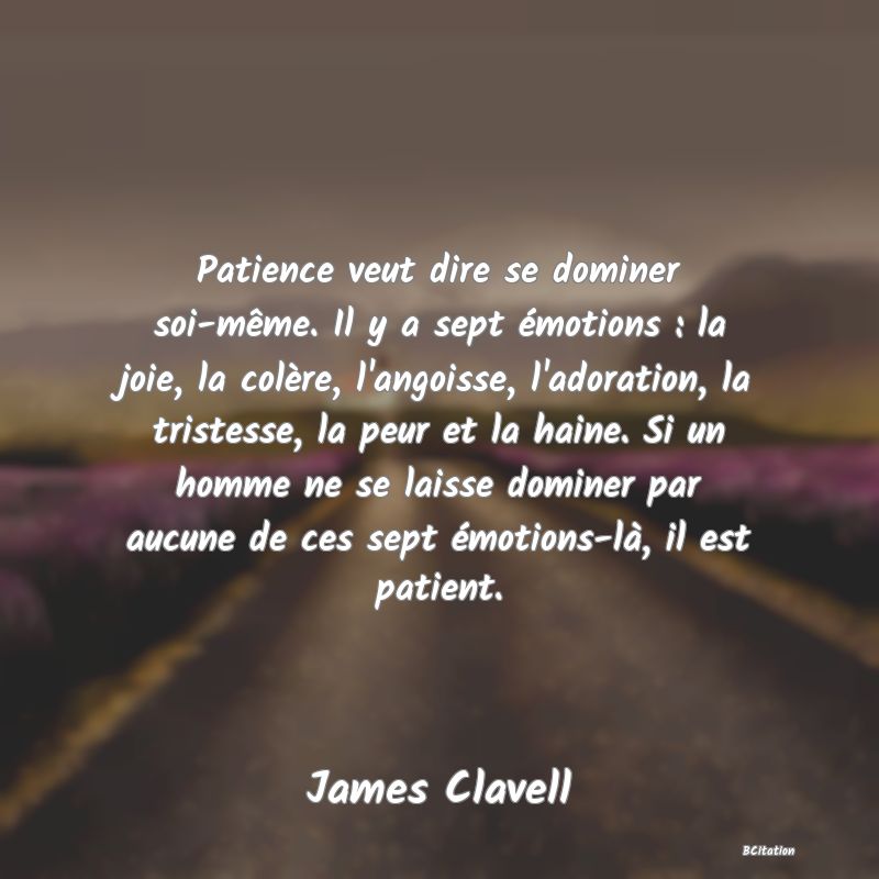 image de citation: Patience veut dire se dominer soi-même. Il y a sept émotions : la joie, la colère, l'angoisse, l'adoration, la tristesse, la peur et la haine. Si un homme ne se laisse dominer par aucune de ces sept émotions-là, il est patient.