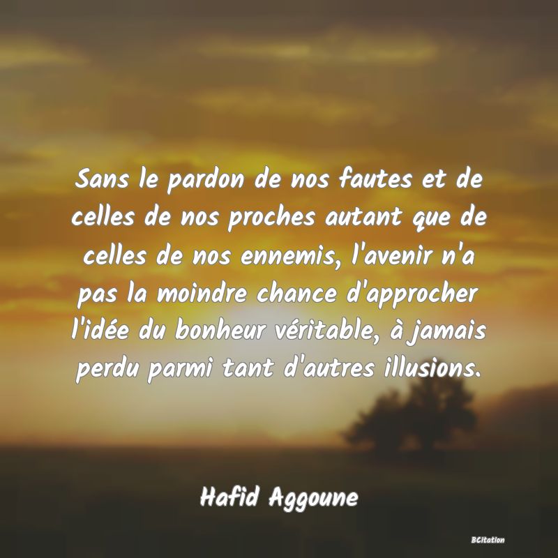 image de citation: Sans le pardon de nos fautes et de celles de nos proches autant que de celles de nos ennemis, l'avenir n'a pas la moindre chance d'approcher l'idée du bonheur véritable, à jamais perdu parmi tant d'autres illusions.