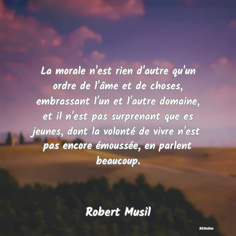 image de citation: La morale n'est rien d'autre qu'un ordre de l'âme et de choses, embrassant l'un et l'autre domaine, et il n'est pas surprenant que es jeunes, dont la volonté de vivre n'est pas encore émoussée, en parlent beaucoup.