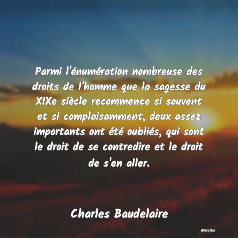 image de citation: Parmi l'énumération nombreuse des droits de l'homme que la sagesse du XIXe siècle recommence si souvent et si complaisamment, deux assez importants ont été oubliés, qui sont le droit de se contredire et le droit de s'en aller.