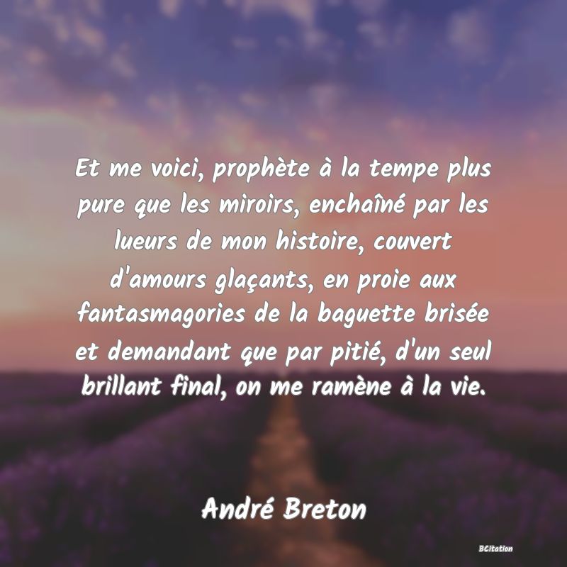 Belle Citation - Et me voici, prophète à la tempe plus pure que les miroirs, enchaîné par les lueurs de mon histoire, couvert d'amours glaçants, en proie aux fantasmagories de la baguette brisée et demandant que par pitié, d'un seul brillant final, on me ramène à la vie. - André Breton