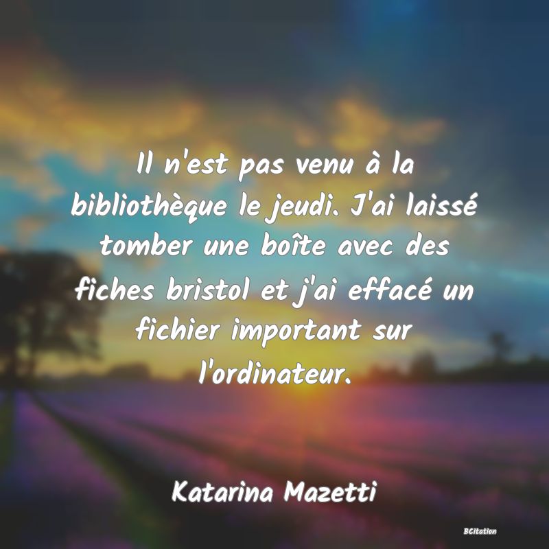 image de citation: Il n'est pas venu à la bibliothèque le jeudi. J'ai laissé tomber une boîte avec des fiches bristol et j'ai effacé un fichier important sur l'ordinateur.