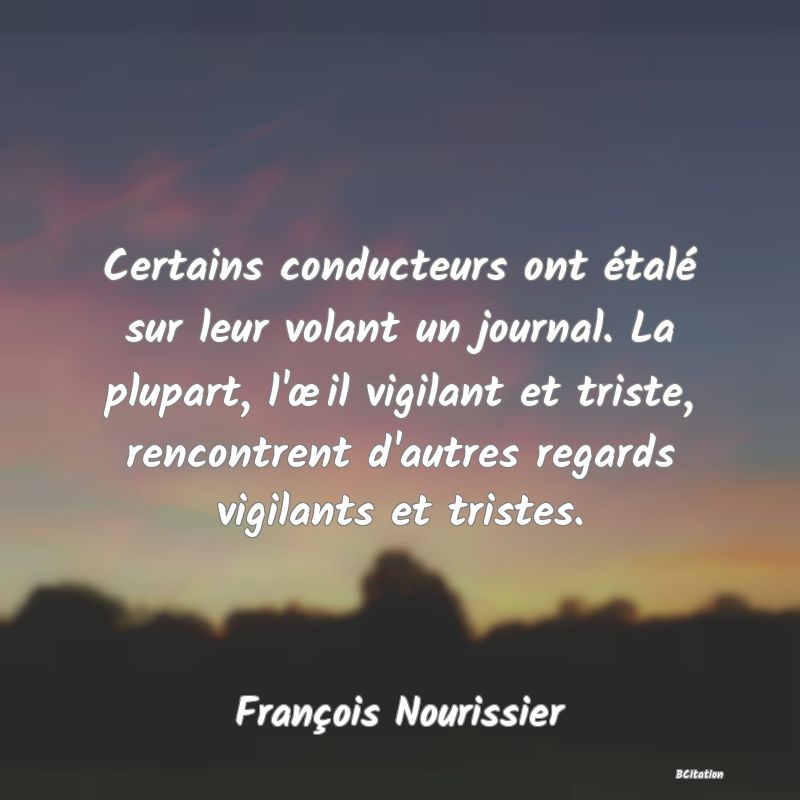 image de citation: Certains conducteurs ont étalé sur leur volant un journal. La plupart, l'œil vigilant et triste, rencontrent d'autres regards vigilants et tristes.