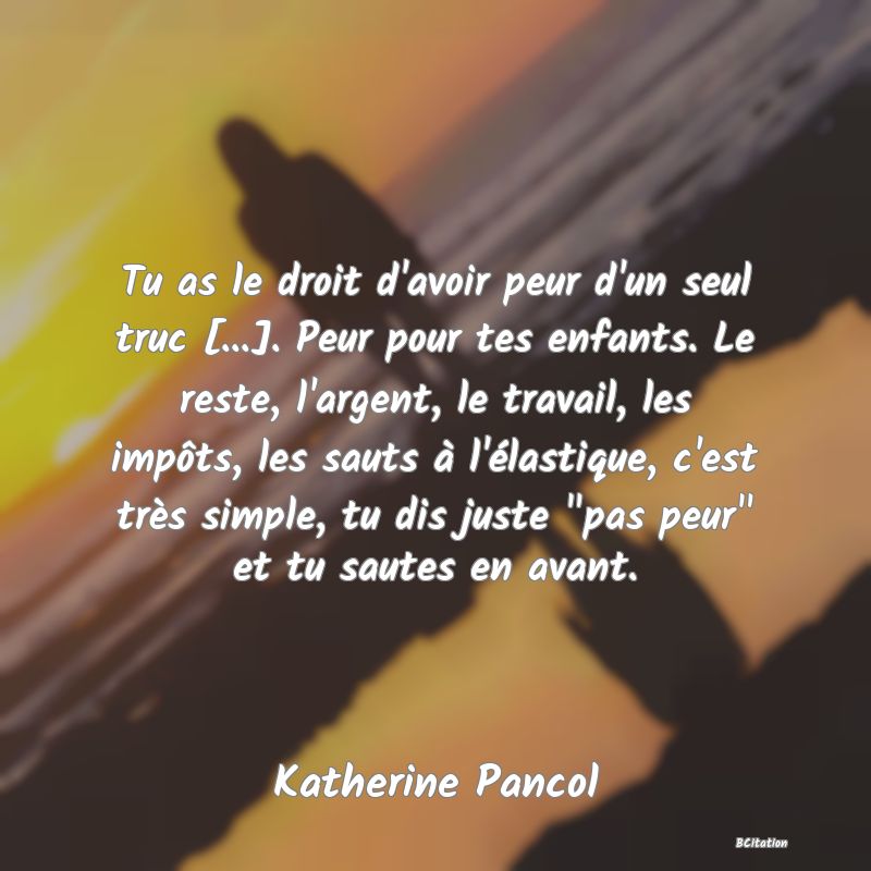 image de citation: Tu as le droit d'avoir peur d'un seul truc [...]. Peur pour tes enfants. Le reste, l'argent, le travail, les impôts, les sauts à l'élastique, c'est très simple, tu dis juste  pas peur  et tu sautes en avant.