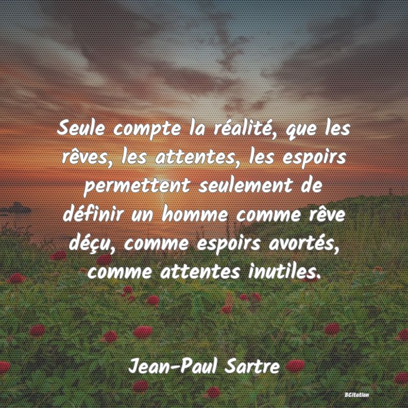 image de citation: Seule compte la réalité, que les rêves, les attentes, les espoirs permettent seulement de définir un homme comme rêve déçu, comme espoirs avortés, comme attentes inutiles.