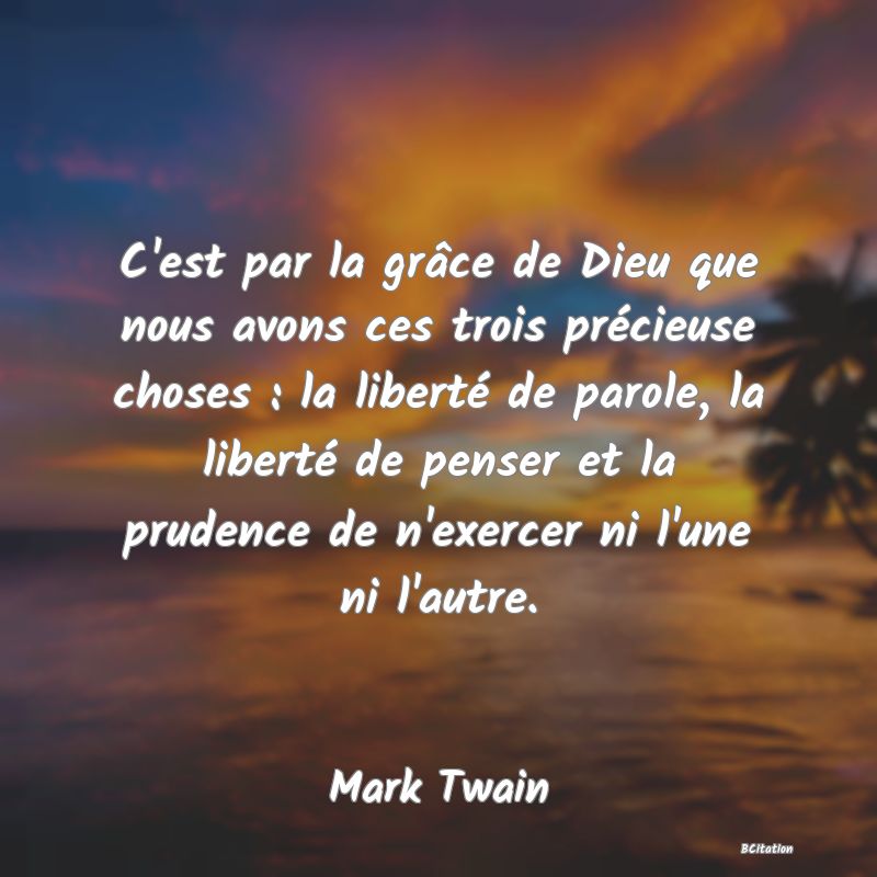 Belle Citation - C'est par la grâce de Dieu que nous avons ces trois précieuse choses : la liberté de parole, la liberté de penser et la prudence de n'exercer ni l'une ni l'autre. - Mark Twain