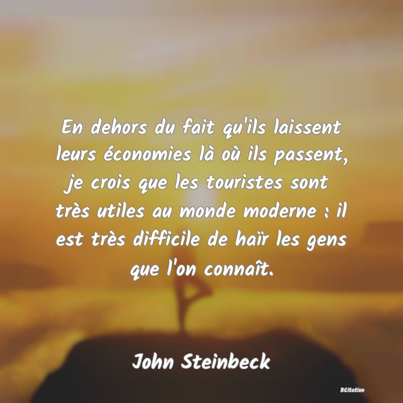 image de citation: En dehors du fait qu'ils laissent leurs économies là où ils passent, je crois que les touristes sont très utiles au monde moderne : il est très difficile de haïr les gens que l'on connaît.