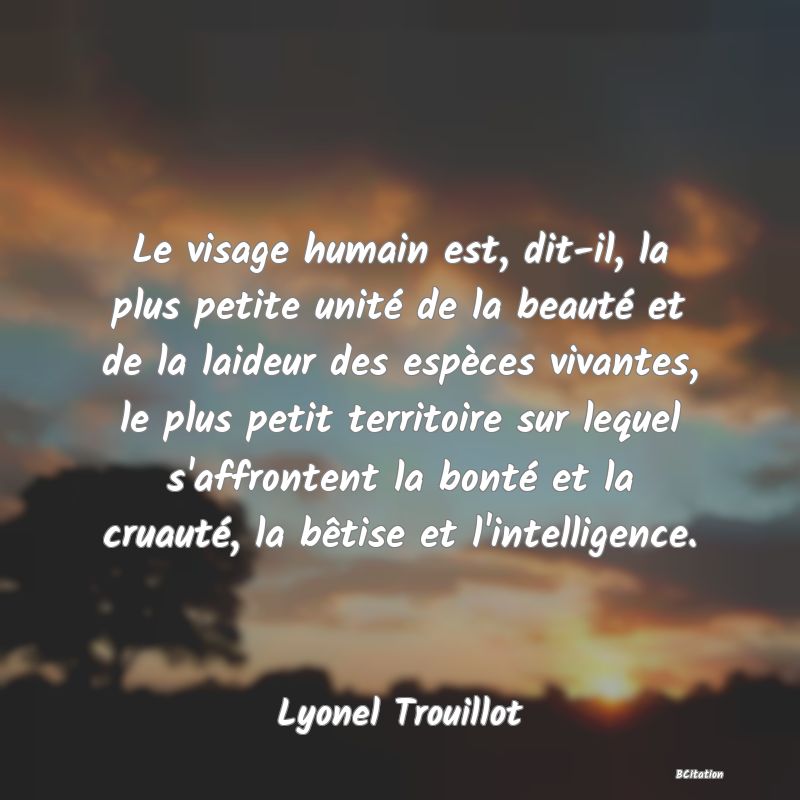 Belle Citation - Le visage humain est, dit-il, la plus petite unité de la beauté et de la laideur des espèces vivantes, le plus petit territoire sur lequel s'affrontent la bonté et la cruauté, la bêtise et l'intelligence. - Lyonel Trouillot
