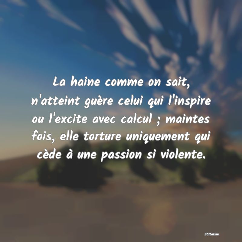 image de citation: La haine comme on sait, n'atteint guère celui qui l'inspire ou l'excite avec calcul ; maintes fois, elle torture uniquement qui cède à une passion si violente.