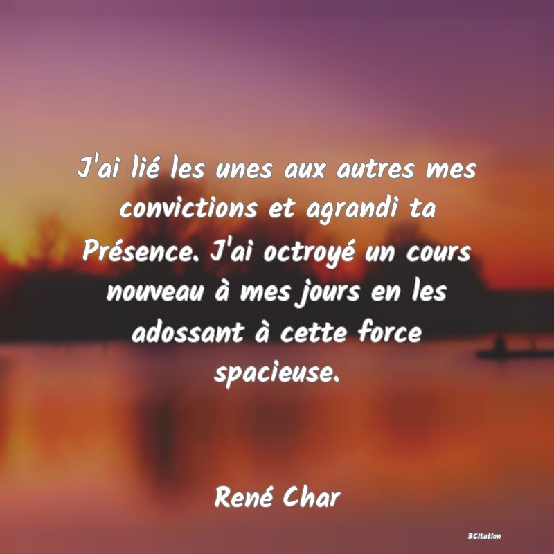 image de citation: J'ai lié les unes aux autres mes convictions et agrandi ta Présence. J'ai octroyé un cours nouveau à mes jours en les adossant à cette force spacieuse.