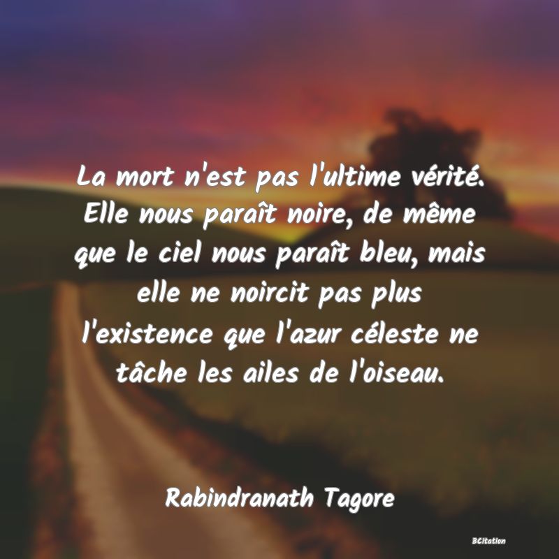 image de citation: La mort n'est pas l'ultime vérité. Elle nous paraît noire, de même que le ciel nous paraît bleu, mais elle ne noircit pas plus l'existence que l'azur céleste ne tâche les ailes de l'oiseau.