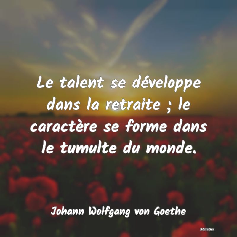 image de citation: Le talent se développe dans la retraite ; le caractère se forme dans le tumulte du monde.