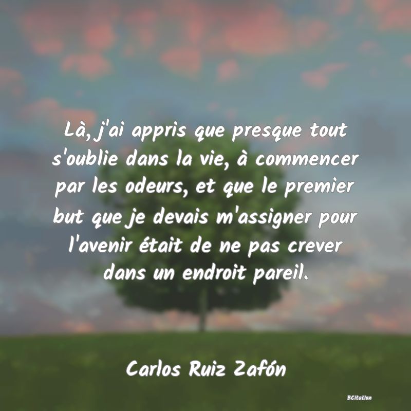 image de citation: Là, j'ai appris que presque tout s'oublie dans la vie, à commencer par les odeurs, et que le premier but que je devais m'assigner pour l'avenir était de ne pas crever dans un endroit pareil.