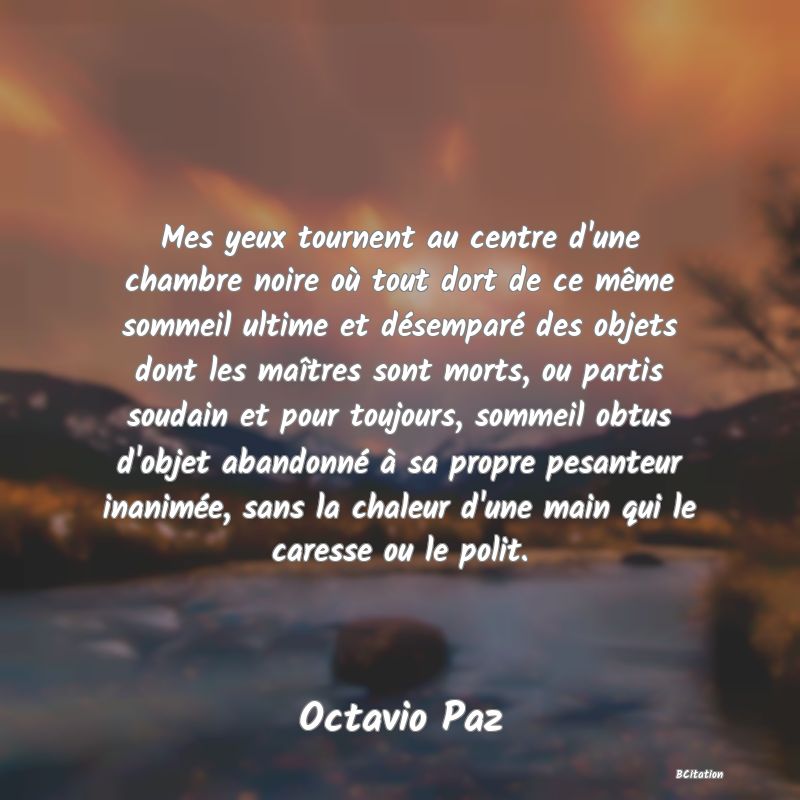 image de citation: Mes yeux tournent au centre d'une chambre noire où tout dort de ce même sommeil ultime et désemparé des objets dont les maîtres sont morts, ou partis soudain et pour toujours, sommeil obtus d'objet abandonné à sa propre pesanteur inanimée, sans la chaleur d'une main qui le caresse ou le polit.