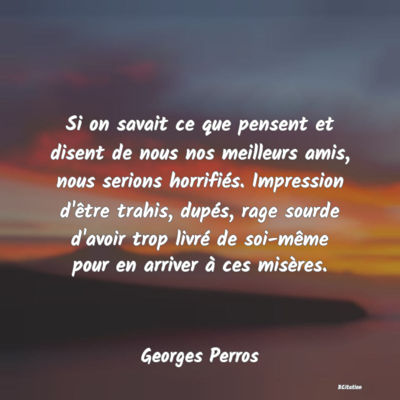 image de citation: Si on savait ce que pensent et disent de nous nos meilleurs amis, nous serions horrifiés. Impression d'être trahis, dupés, rage sourde d'avoir trop livré de soi-même pour en arriver à ces misères.