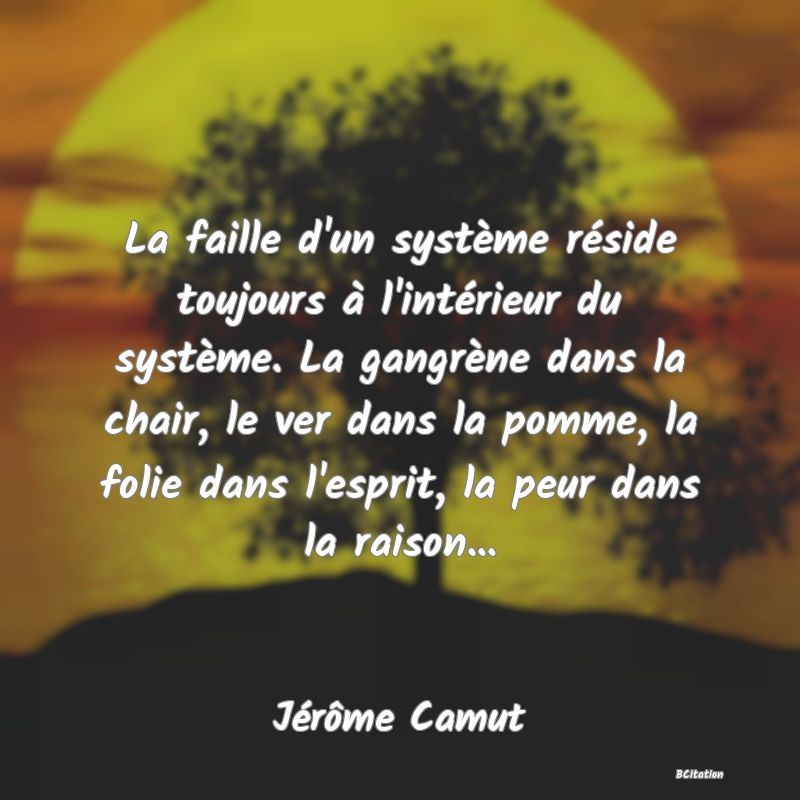 image de citation: La faille d'un système réside toujours à l'intérieur du système. La gangrène dans la chair, le ver dans la pomme, la folie dans l'esprit, la peur dans la raison...