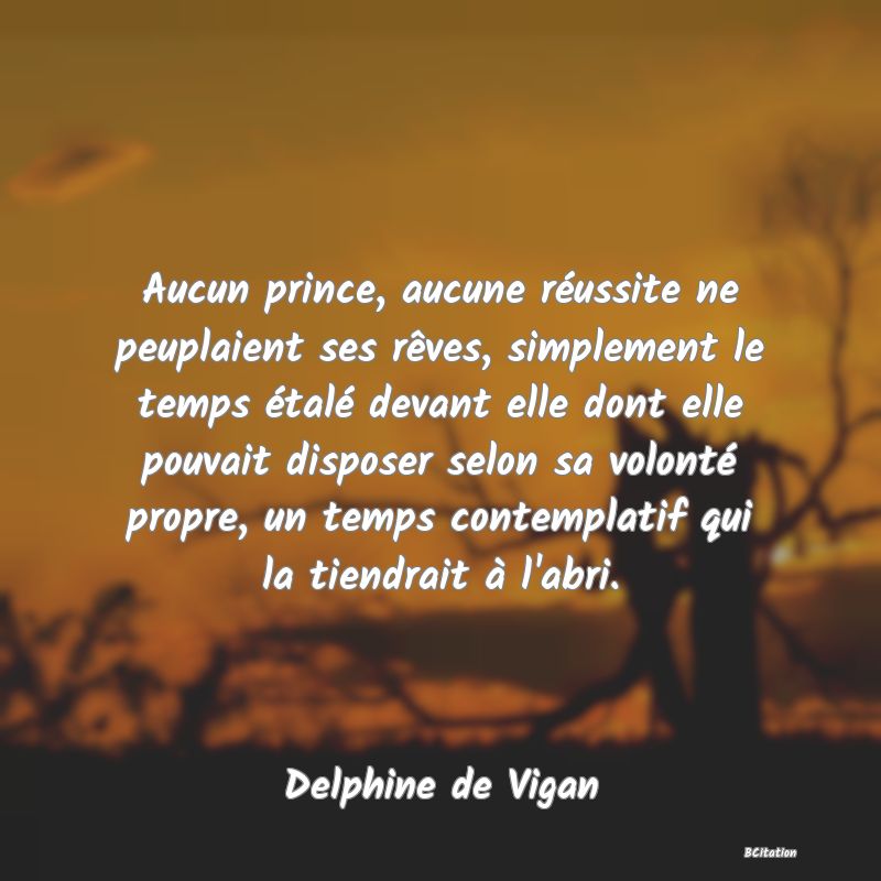Belle Citation - Aucun prince, aucune réussite ne peuplaient ses rêves, simplement le temps étalé devant elle dont elle pouvait disposer selon sa volonté propre, un temps contemplatif qui la tiendrait à l'abri. - Delphine de Vigan