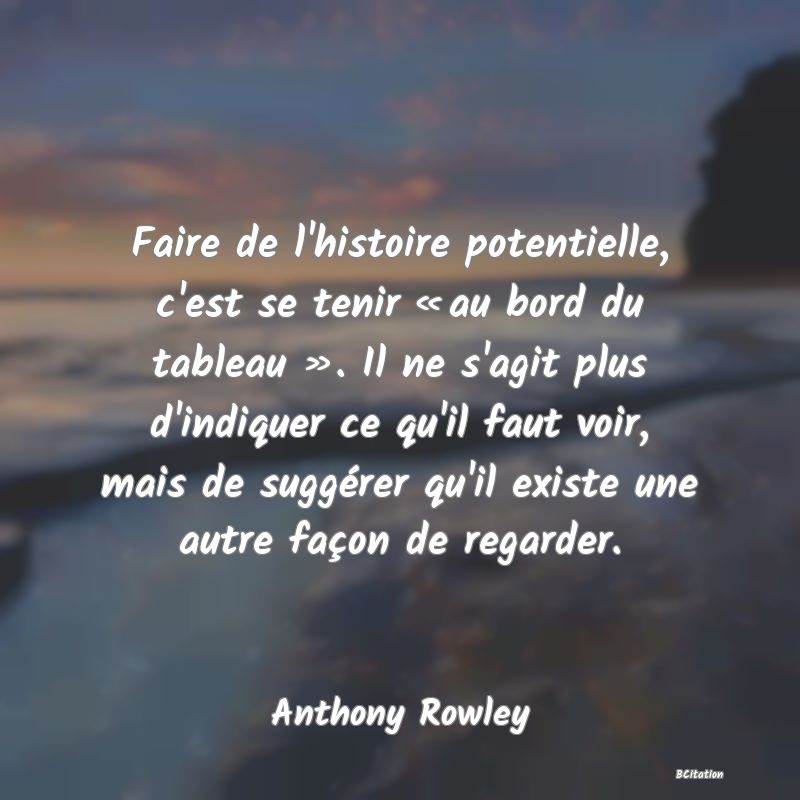 Belle Citation - Faire de l'histoire potentielle, c'est se tenir « au bord du tableau ». Il ne s'agit plus d'indiquer ce qu'il faut voir, mais de suggérer qu'il existe une autre façon de regarder. - Anthony Rowley