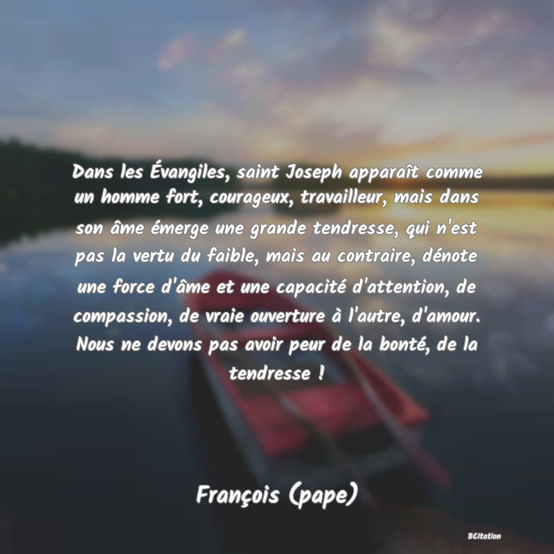 image de citation: Dans les Évangiles, saint Joseph apparaît comme un homme fort, courageux, travailleur, mais dans son âme émerge une grande tendresse, qui n'est pas la vertu du faible, mais au contraire, dénote une force d'âme et une capacité d'attention, de compassion, de vraie ouverture à l'autre, d'amour. Nous ne devons pas avoir peur de la bonté, de la tendresse !