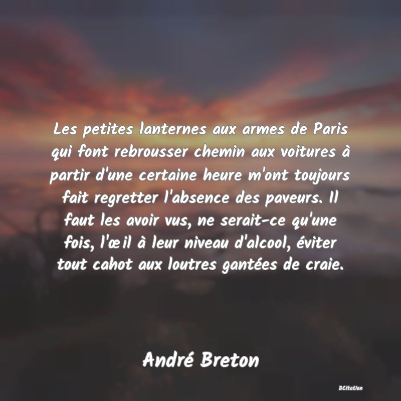 image de citation: Les petites lanternes aux armes de Paris qui font rebrousser chemin aux voitures à partir d'une certaine heure m'ont toujours fait regretter l'absence des paveurs. Il faut les avoir vus, ne serait-ce qu'une fois, l'œil à leur niveau d'alcool, éviter tout cahot aux loutres gantées de craie.