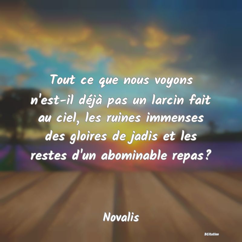 Belle Citation - Tout ce que nous voyons n'est-il déjà pas un larcin fait au ciel, les ruines immenses des gloires de jadis et les restes d'un abominable repas? - Novalis