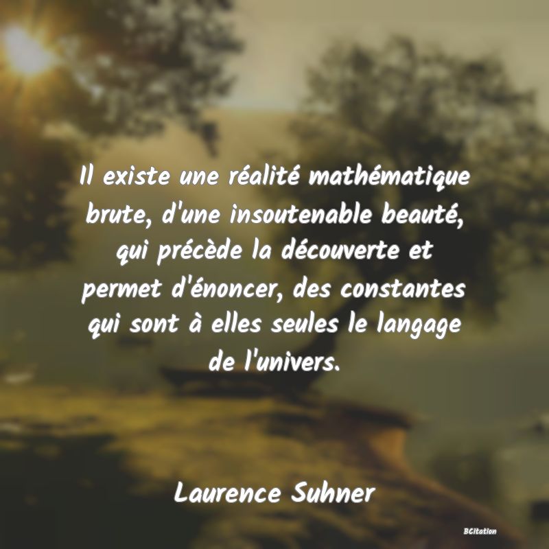 image de citation: Il existe une réalité mathématique brute, d'une insoutenable beauté, qui précède la découverte et permet d'énoncer, des constantes qui sont à elles seules le langage de l'univers.