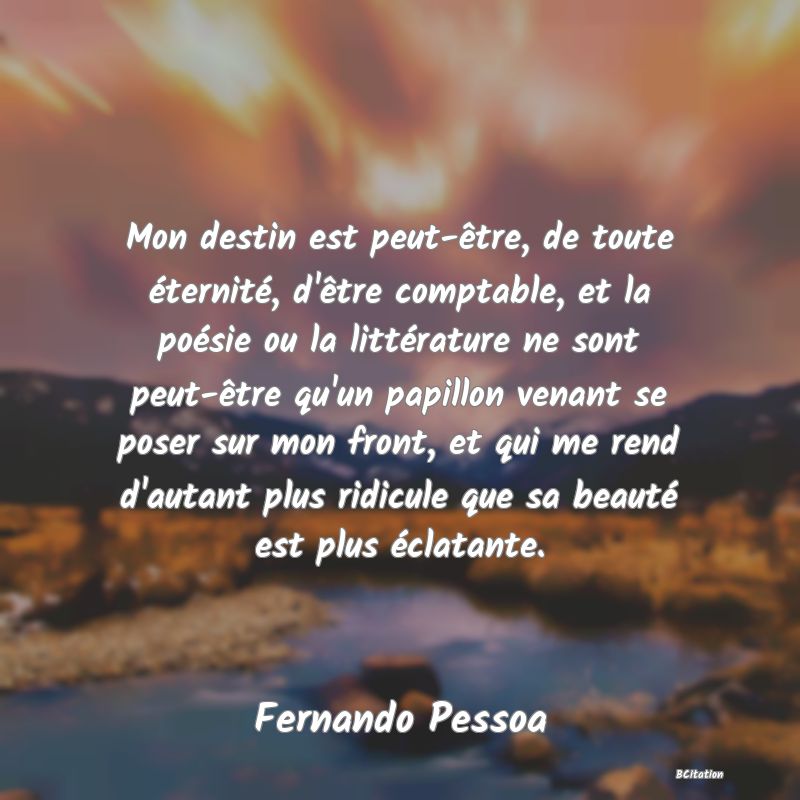 image de citation: Mon destin est peut-être, de toute éternité, d'être comptable, et la poésie ou la littérature ne sont peut-être qu'un papillon venant se poser sur mon front, et qui me rend d'autant plus ridicule que sa beauté est plus éclatante.