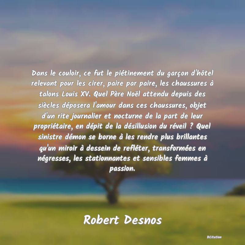 Belle Citation - Dans le couloir, ce fut le piétinement du garçon d'hôtel relevant pour les cirer, paire par paire, les chaussures à talons Louis XV. Quel Père Noël attendu depuis des siècles déposera l'amour dans ces chaussures, objet d'un rite journalier et nocturne de la part de leur propriétaire, en dépit de la désillusion du réveil ? Quel sinistre démon se borne à les rendre plus brillantes qu'un miroir à dessein de refléter, transformées en négresses, les stationnantes et sensibles femmes à passion. - Robert Desnos