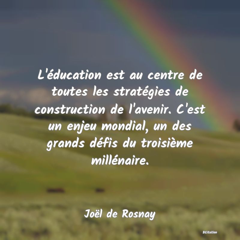 image de citation: L'éducation est au centre de toutes les stratégies de construction de l'avenir. C'est un enjeu mondial, un des grands défis du troisième millénaire.