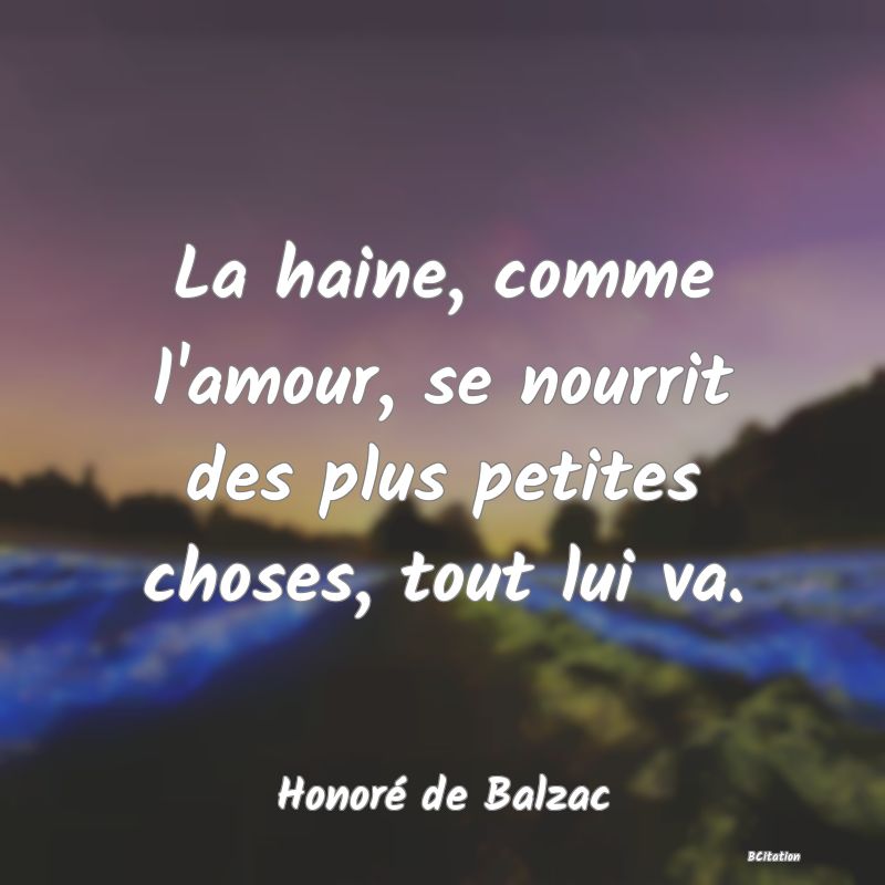 image de citation: La haine, comme l'amour, se nourrit des plus petites choses, tout lui va.