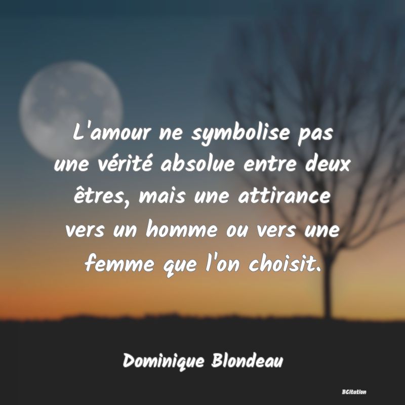 image de citation: L'amour ne symbolise pas une vérité absolue entre deux êtres, mais une attirance vers un homme ou vers une femme que l'on choisit.