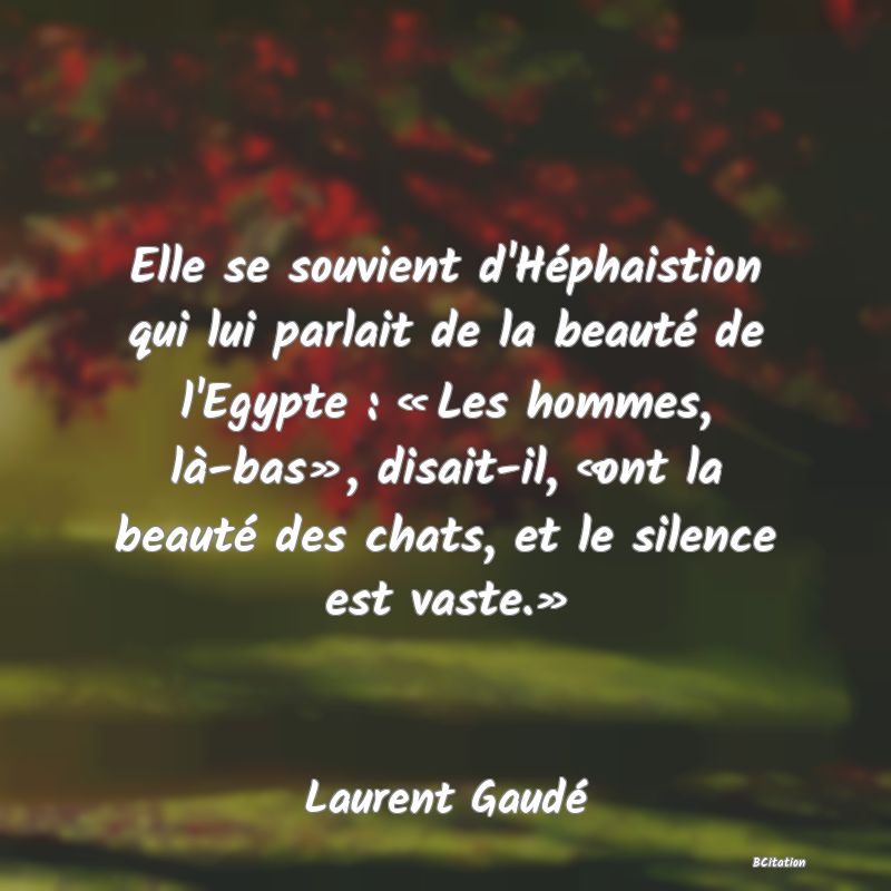 image de citation: Elle se souvient d'Héphaistion qui lui parlait de la beauté de l'Egypte : « Les hommes, là-bas», disait-il, «ont la beauté des chats, et le silence est vaste.»