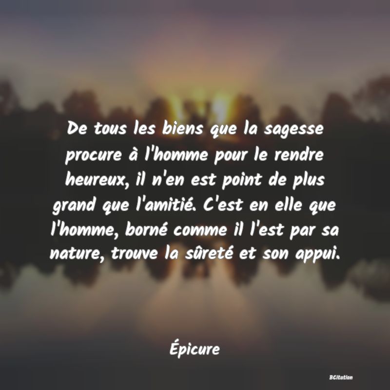 image de citation: De tous les biens que la sagesse procure à l'homme pour le rendre heureux, il n'en est point de plus grand que l'amitié. C'est en elle que l'homme, borné comme il l'est par sa nature, trouve la sûreté et son appui.