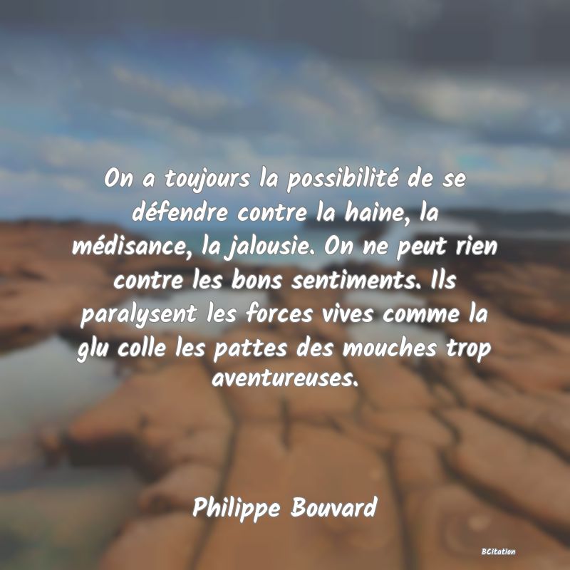 image de citation: On a toujours la possibilité de se défendre contre la haine, la médisance, la jalousie. On ne peut rien contre les bons sentiments. Ils paralysent les forces vives comme la glu colle les pattes des mouches trop aventureuses.