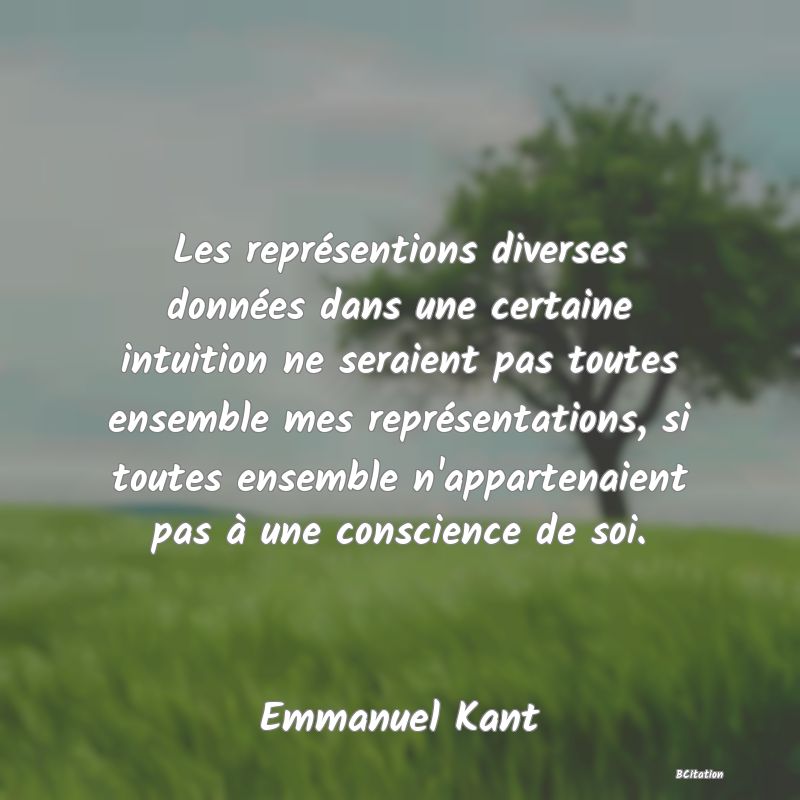 image de citation: Les représentions diverses données dans une certaine intuition ne seraient pas toutes ensemble mes représentations, si toutes ensemble n'appartenaient pas à une conscience de soi.