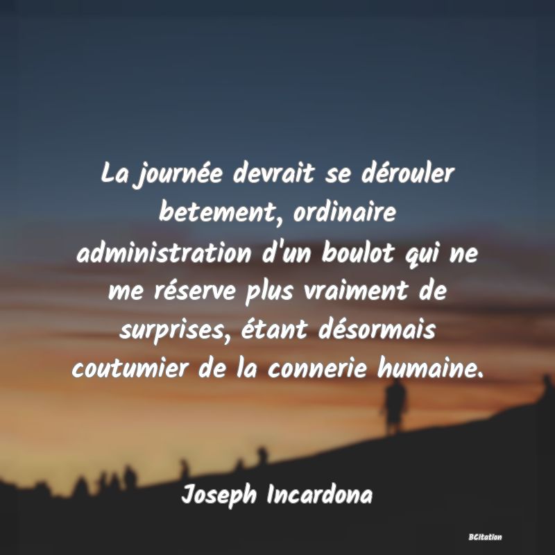 image de citation: La journée devrait se dérouler betement, ordinaire administration d'un boulot qui ne me réserve plus vraiment de surprises, étant désormais coutumier de la connerie humaine.