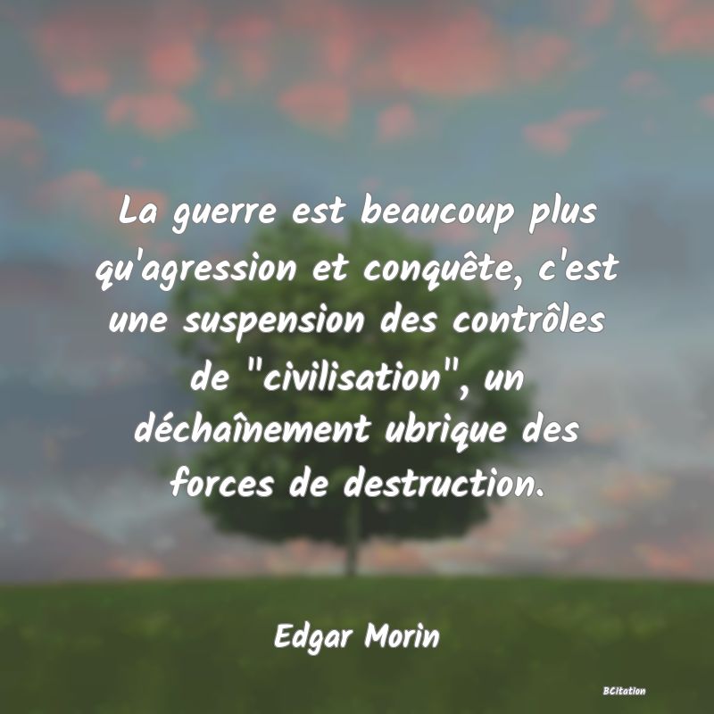 image de citation: La guerre est beaucoup plus qu'agression et conquête, c'est une suspension des contrôles de  civilisation , un déchaînement ubrique des forces de destruction.