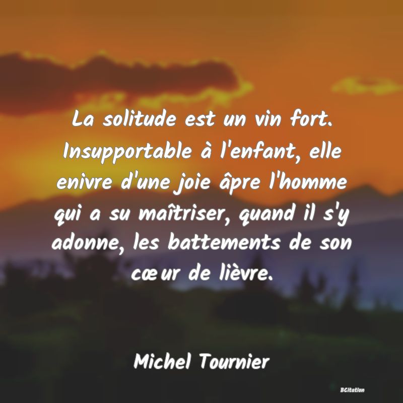 image de citation: La solitude est un vin fort. Insupportable à l'enfant, elle enivre d'une joie âpre l'homme qui a su maîtriser, quand il s'y adonne, les battements de son cœur de lièvre.