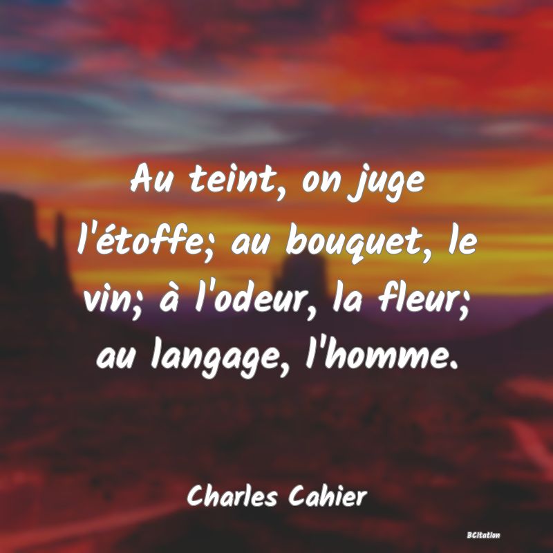 image de citation: Au teint, on juge l'étoffe; au bouquet, le vin; à l'odeur, la fleur; au langage, l'homme.