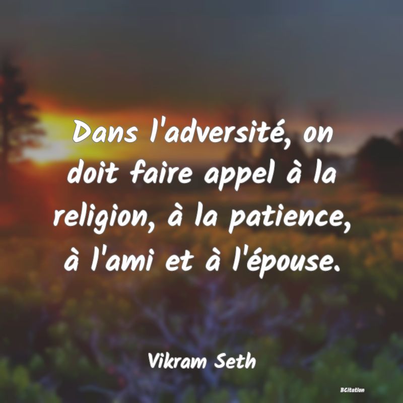 image de citation: Dans l'adversité, on doit faire appel à la religion, à la patience, à l'ami et à l'épouse.