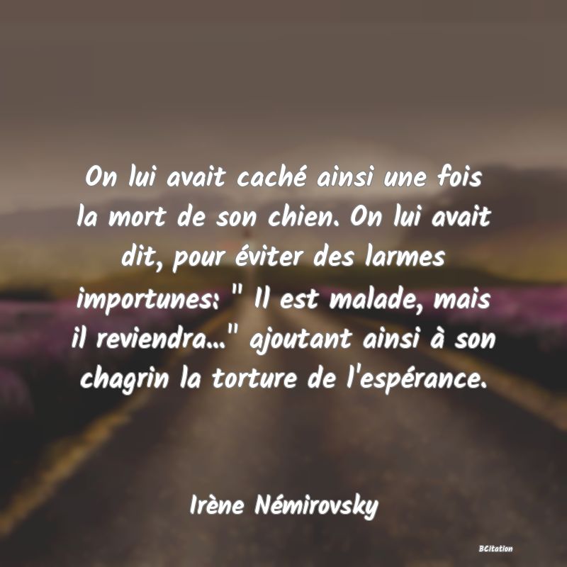 image de citation: On lui avait caché ainsi une fois la mort de son chien. On lui avait dit, pour éviter des larmes importunes:   Il est malade, mais il reviendra...  ajoutant ainsi à son chagrin la torture de l'espérance.