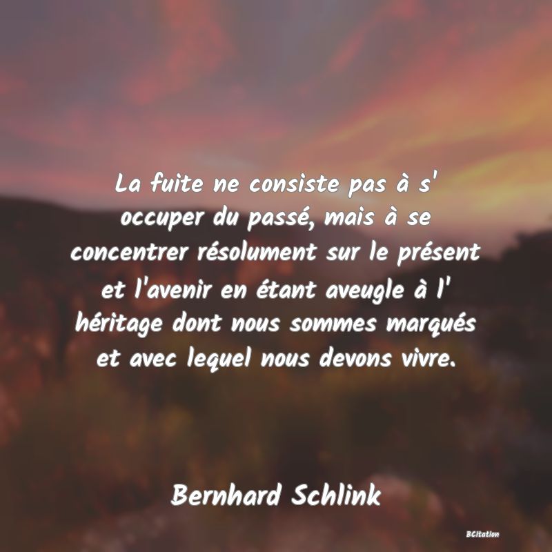 image de citation: La fuite ne consiste pas à s' occuper du passé, mais à se concentrer résolument sur le présent et l'avenir en étant aveugle à l' héritage dont nous sommes marqués et avec lequel nous devons vivre.