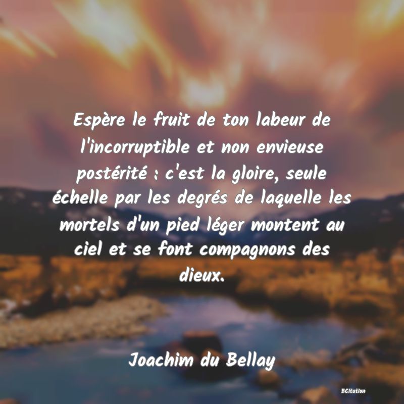 image de citation: Espère le fruit de ton labeur de l'incorruptible et non envieuse postérité : c'est la gloire, seule échelle par les degrés de laquelle les mortels d'un pied léger montent au ciel et se font compagnons des dieux.