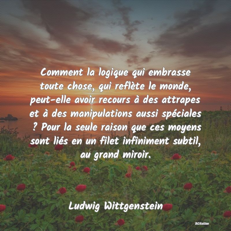 Belle Citation - Comment la logique qui embrasse toute chose, qui reflète le monde, peut-elle avoir recours à des attrapes et à des manipulations aussi spéciales ? Pour la seule raison que ces moyens sont liés en un filet infiniment subtil, au grand miroir. - Ludwig Wittgenstein
