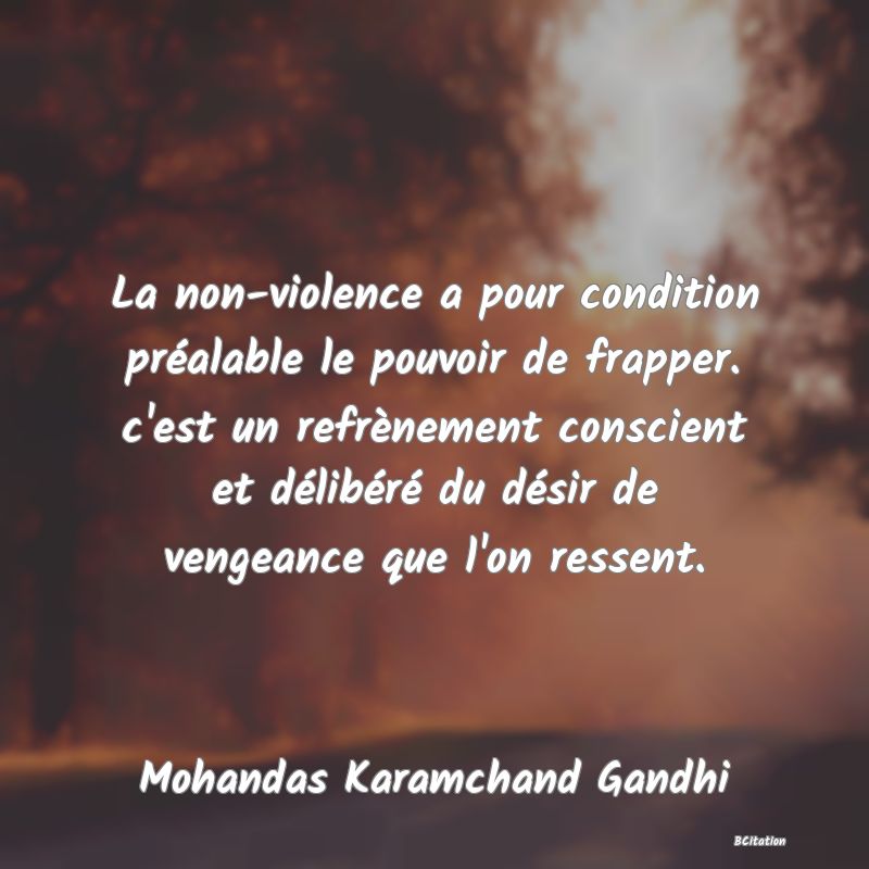 image de citation: La non-violence a pour condition préalable le pouvoir de frapper. c'est un refrènement conscient et délibéré du désir de vengeance que l'on ressent.