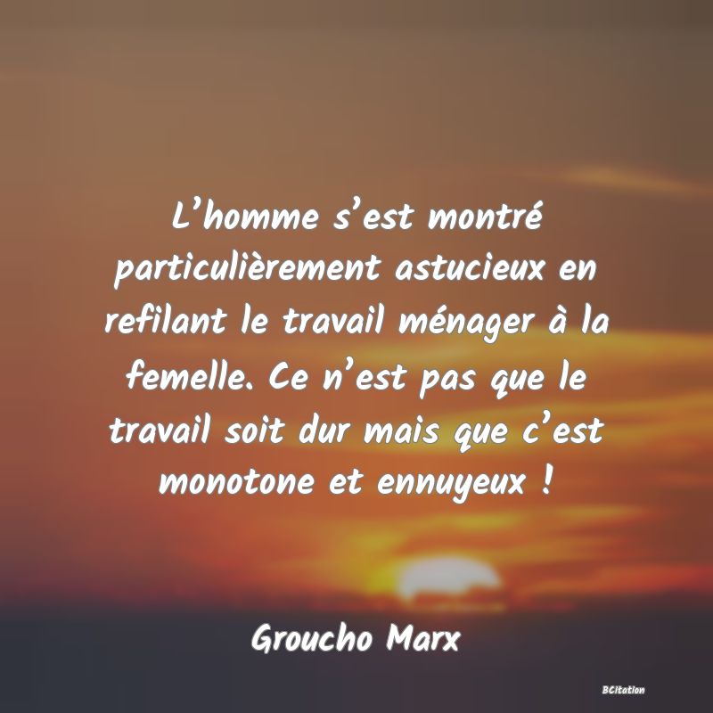 image de citation: L’homme s’est montré particulièrement astucieux en refilant le travail ménager à la femelle. Ce n’est pas que le travail soit dur mais que c’est monotone et ennuyeux !