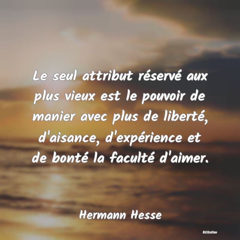 image de citation: Le seul attribut réservé aux plus vieux est le pouvoir de manier avec plus de liberté, d'aisance, d'expérience et de bonté la faculté d'aimer.