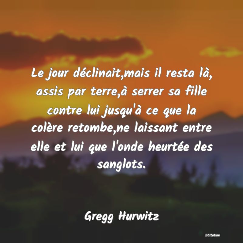 image de citation: Le jour déclinait,mais il resta là, assis par terre,à serrer sa fille contre lui jusqu'à ce que la colère retombe,ne laissant entre elle et lui que l'onde heurtée des sanglots.